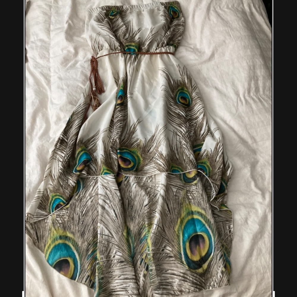 Peacock feather high low strapless dress